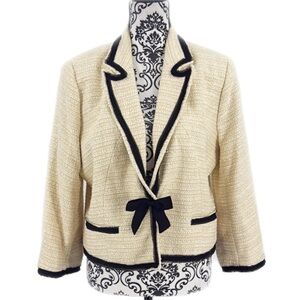 Cass Cream Tweed Woven Textured Bow Clasp Classic Jacket Office Blazer, 14